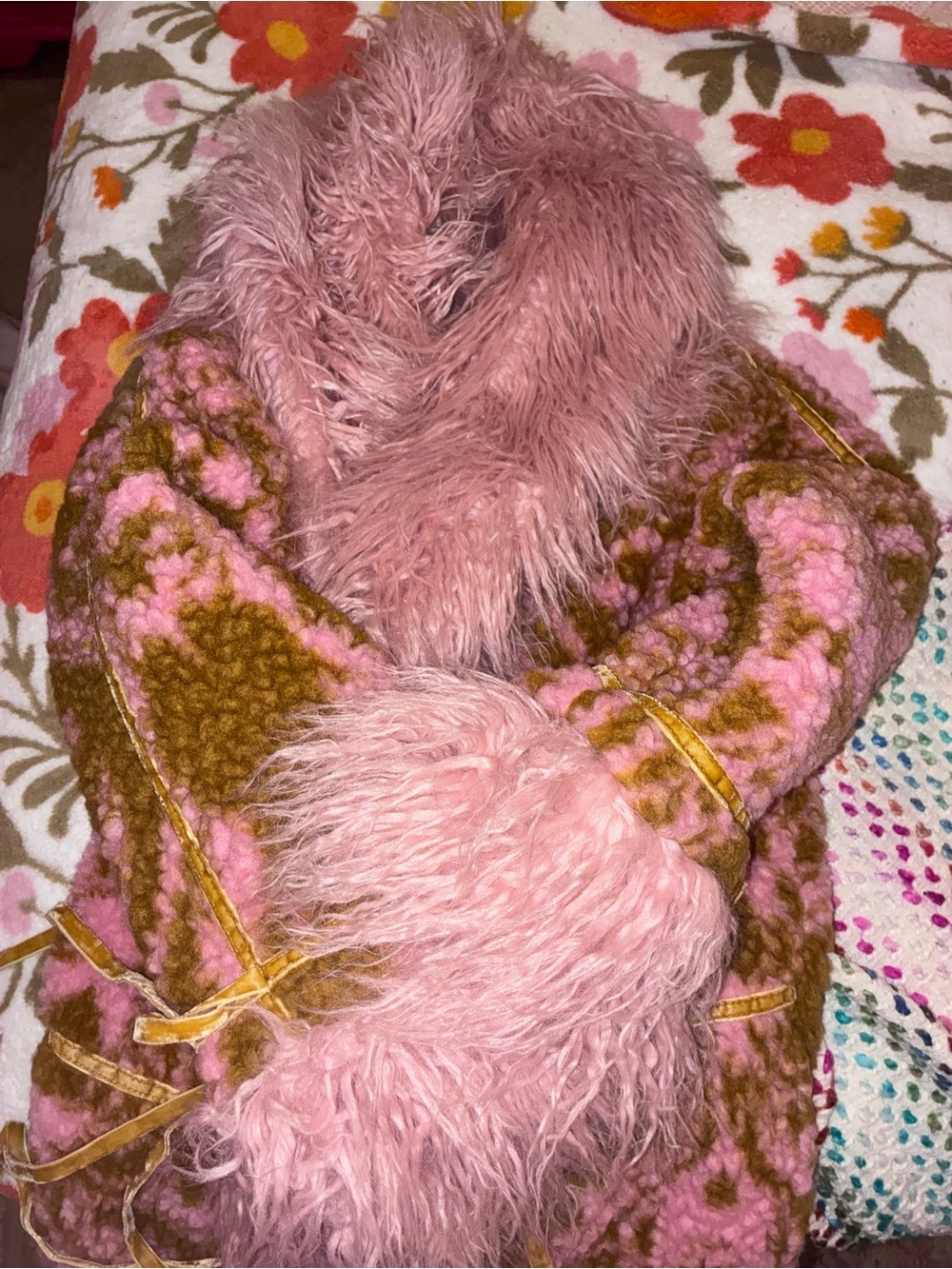 Free People Pink & Olive Floral Faux Fur Coat